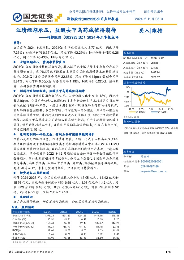 2024年三季报点评：业绩短期承压，盐酸去甲乌药碱值得期待