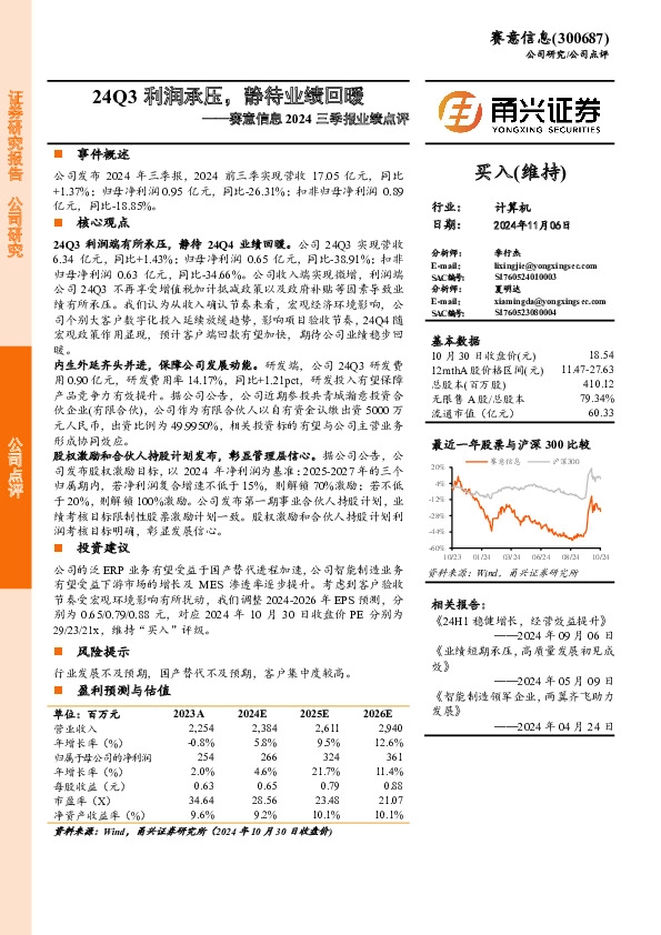 赛意信息2024三季报业绩点评：24Q3利润承压，静待业绩回暖