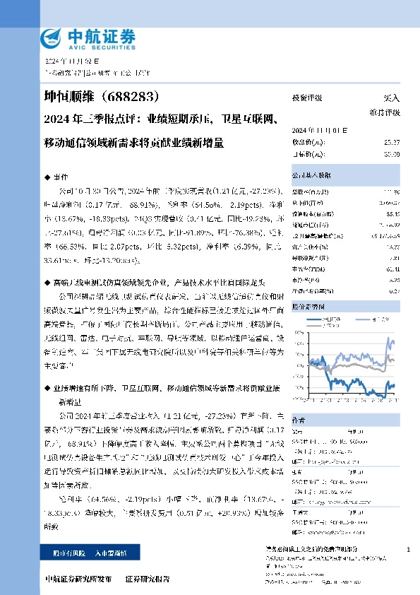 2024年三季报点评：业绩短期承压，卫星互联网、移动通信领域新需求将贡献业绩新增量