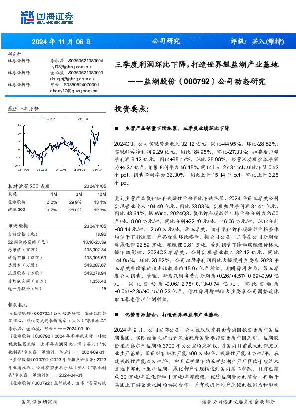 公司动态研究：三季度利润环比下降，打造世界级盐湖产业基地