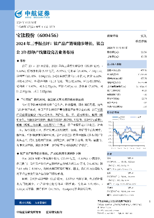 2024年三季报点评：钛产品产销量稳步增长，钛合金3D打印产线建设完善业务布局