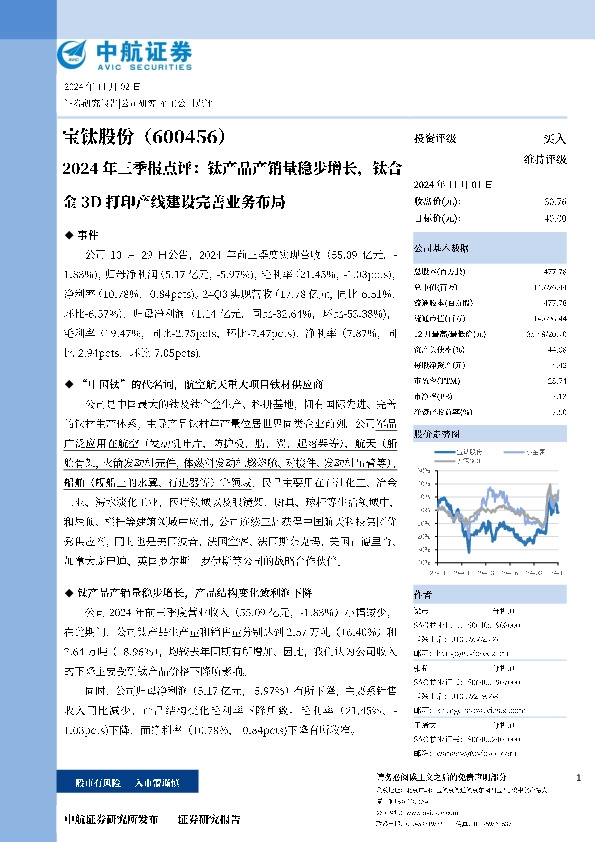 2024年三季报点评：钛产品产销量稳步增长，钛合金3D打印产线建设完善业务布局