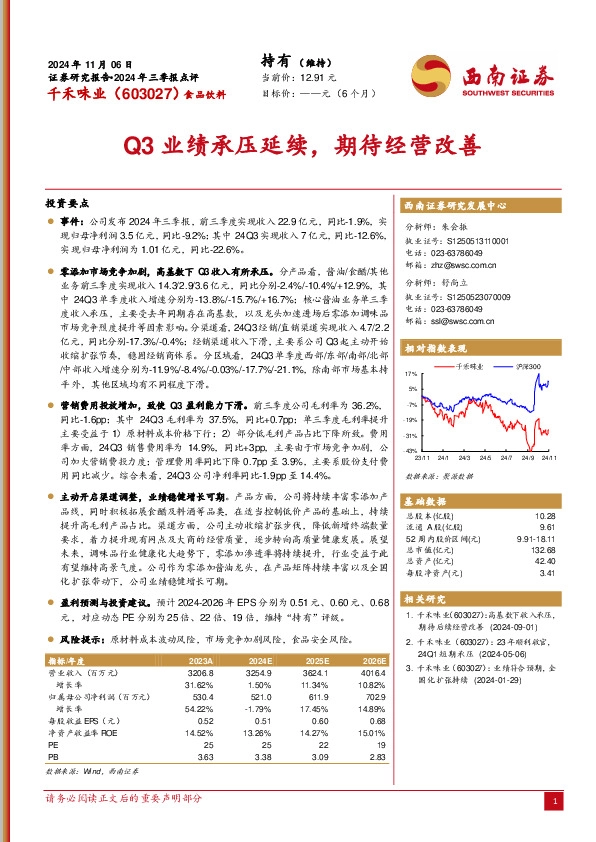 2024年三季报点评：Q3业绩承压延续，期待经营改善