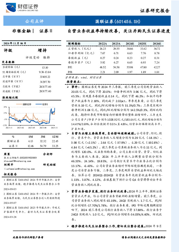自营业务收益率持续改善，关注并购民生证券进度