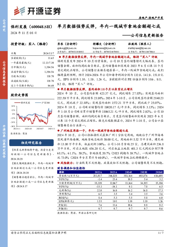 公司信息更新报告：单月数据强势反弹，年内一线城市拿地金额超七成