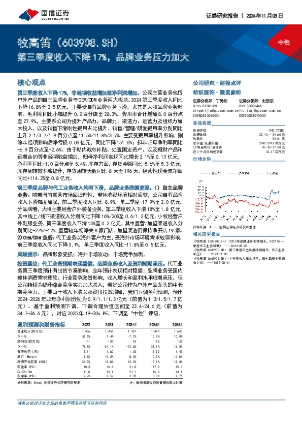 第三季度收入下降17%，品牌业务压力加大