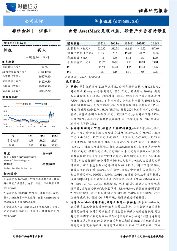 出售AssetMark兑现收益，轻资产业务有待修复