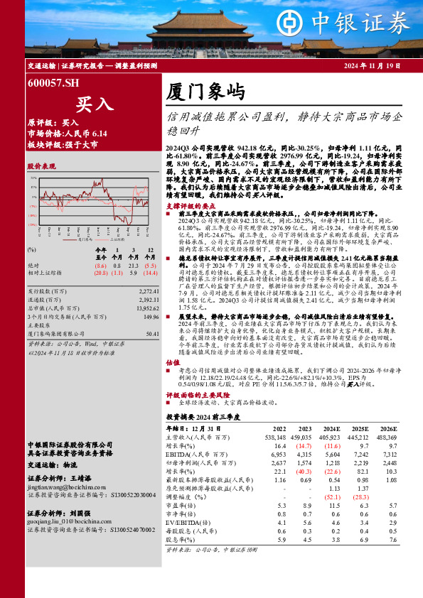 信用减值拖累公司盈利，静待大宗商品市场企稳回升