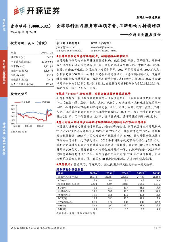 公司首次覆盖报告：全球眼科医疗服务市场领导者，品牌影响力持续增强