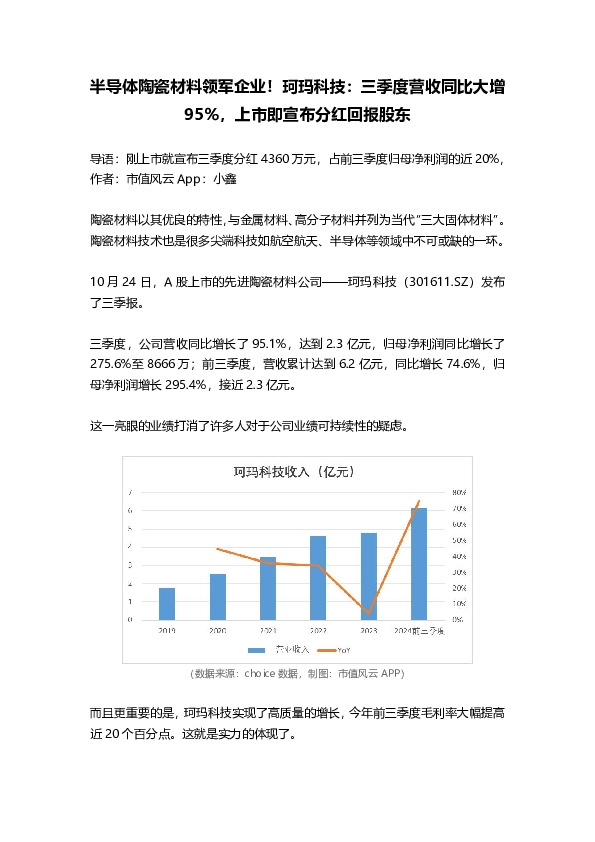 半导体陶瓷材料领军企业！珂玛科技：三季度营收同比大增95%，上市即宣布分红回报股东