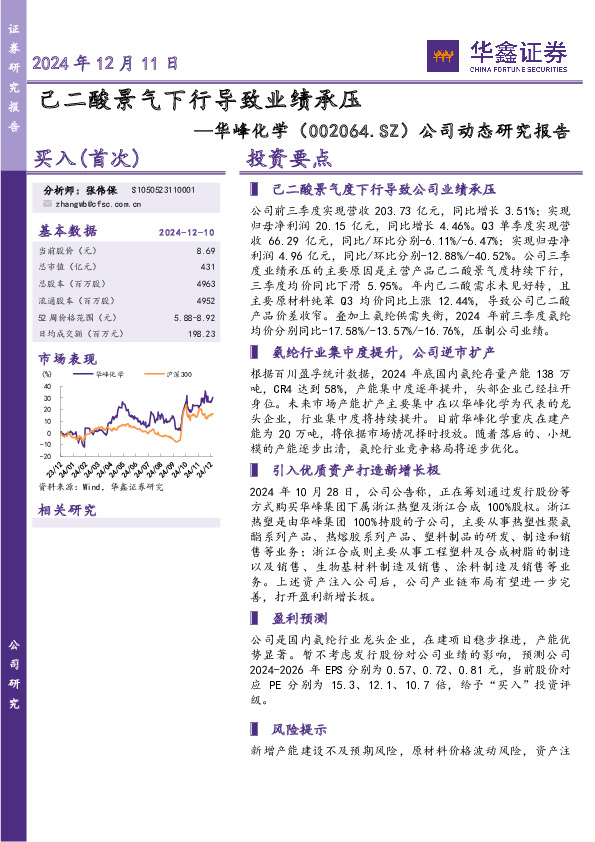 公司动态研究报告：己二酸景气下行导致业绩承压