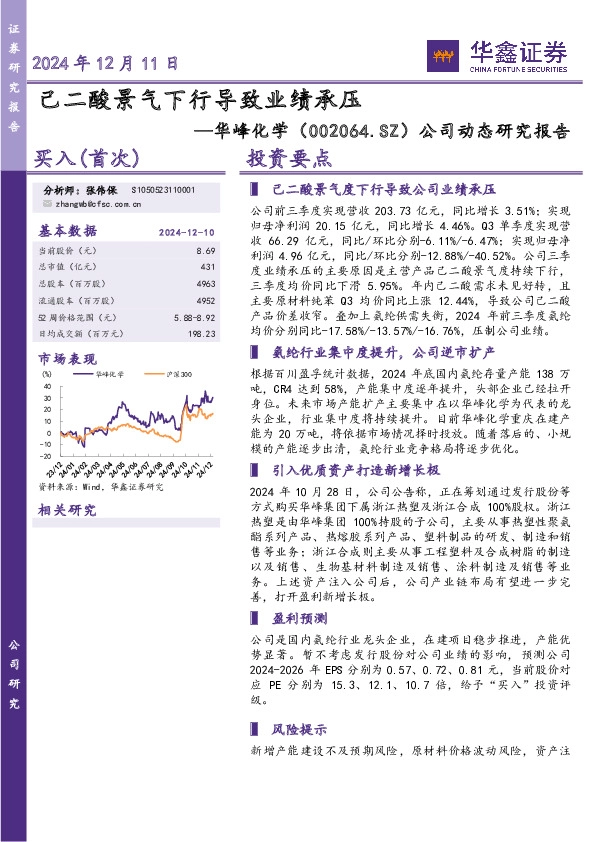 公司动态研究报告：己二酸景气下行导致业绩承压