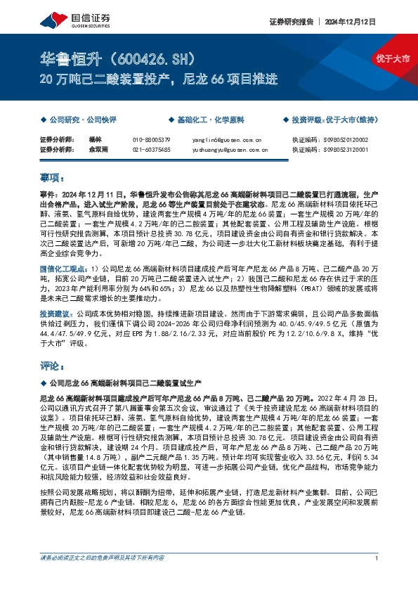 20万吨己二酸装置投产，尼龙66项目推进