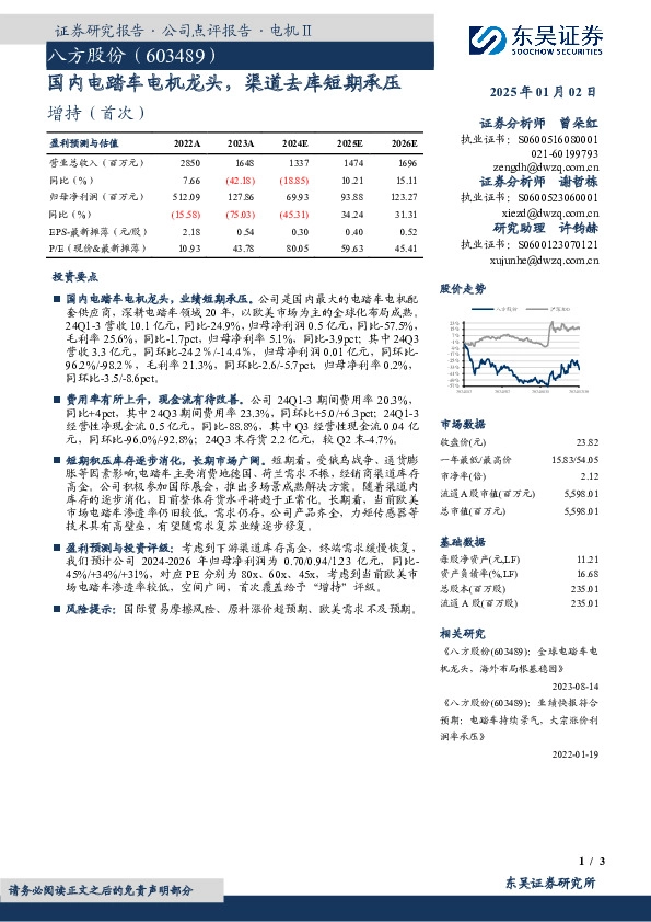 国内电踏车电机龙头，渠道去库短期承压
