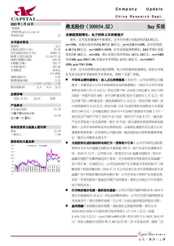 业绩超预期增长，电子材料占比持续提升