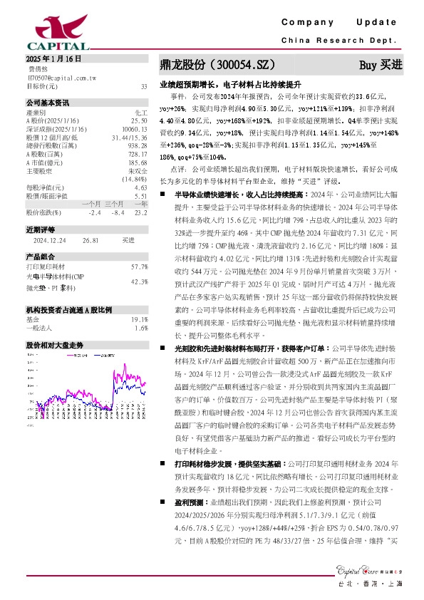 业绩超预期增长，电子材料占比持续提升
