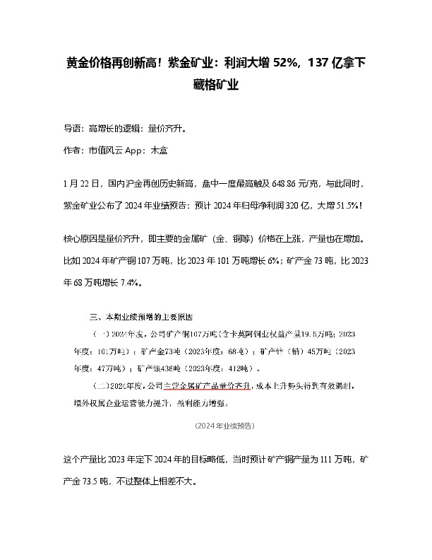 黄金价格再创新高！紫金矿业：利润大增52%，137亿拿下藏格矿业