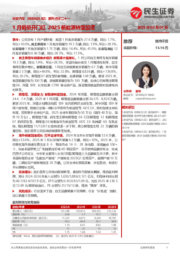 系列点评二十一：1月销量开门红 2025新能源转型加速