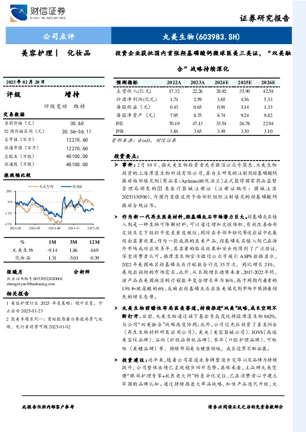 投资企业获批国内首张羟基磷酸钙微球医美三类证，“双美融合”战略持续深化