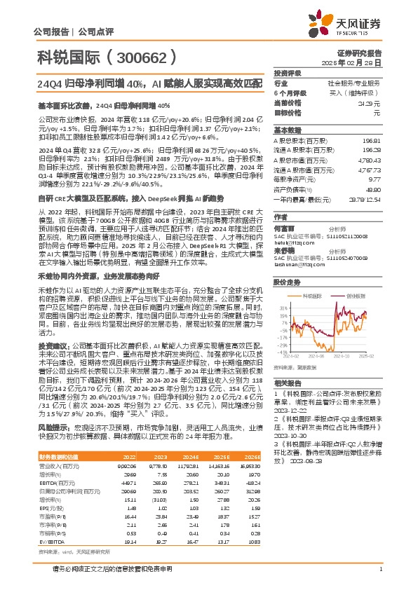 24Q4归母净利同增40%，AI赋能人服实现高效匹配