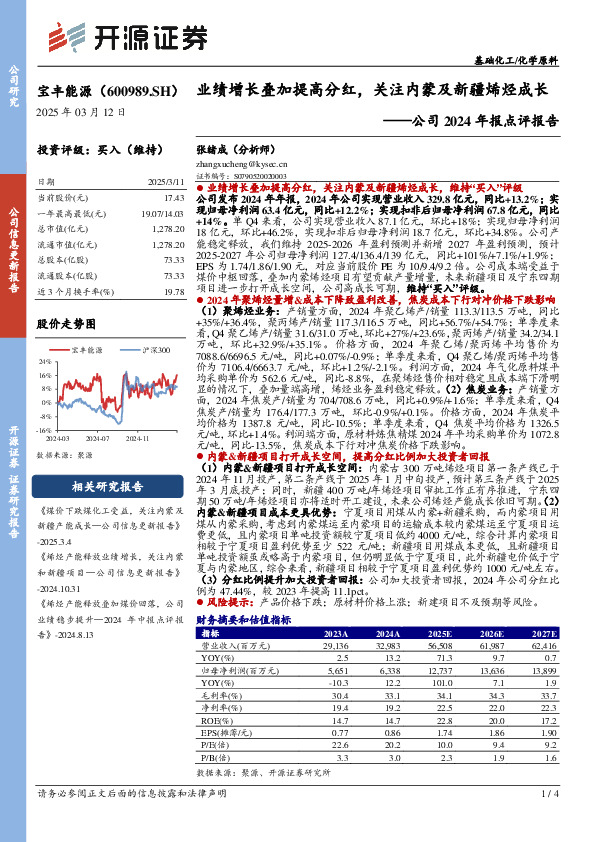 公司2024年报点评报告：业绩增长叠加提高分红，关注内蒙及新疆烯烃成长