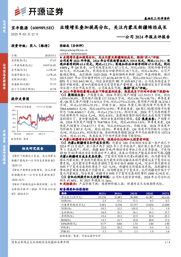 公司2024年报点评报告：业绩增长叠加提高分红，关注内蒙及新疆烯烃成长