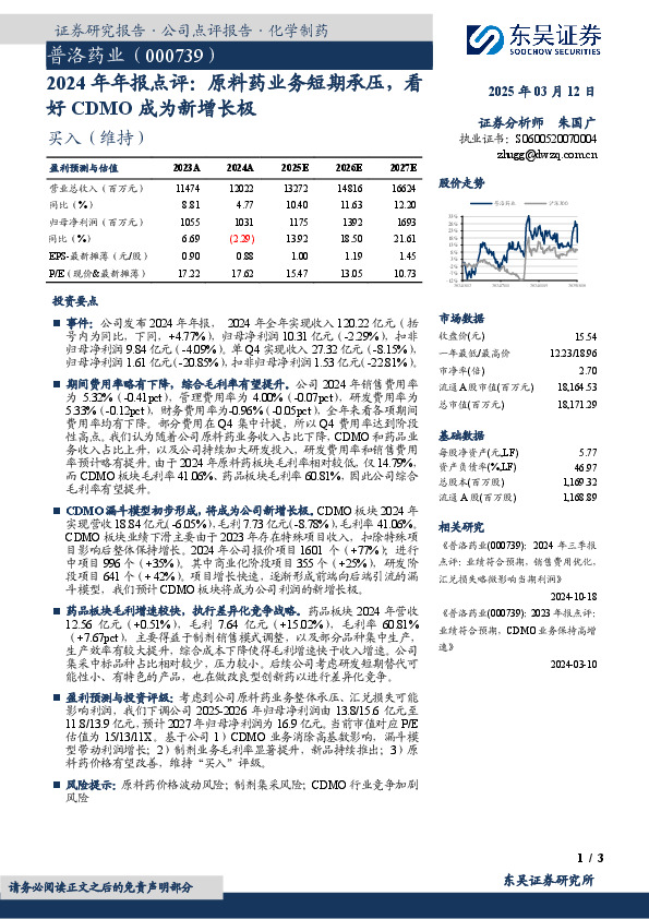 2024年年报点评：原料药业务短期承压，看好CDMO成为新增长极