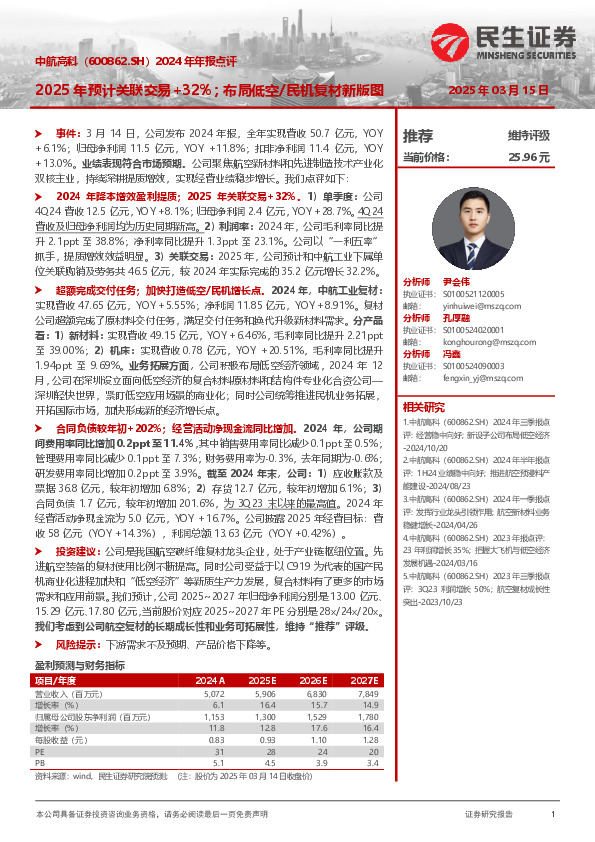 2024年年报点评：2025年预计关联交易+32%；布局低空/民机复材新版图