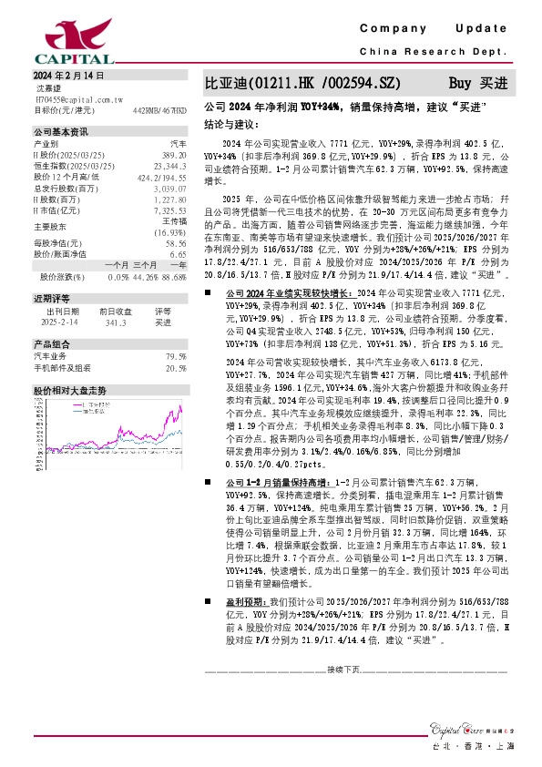 公司2024年净利润YOY+34%，销量保持高增，建议“买进”