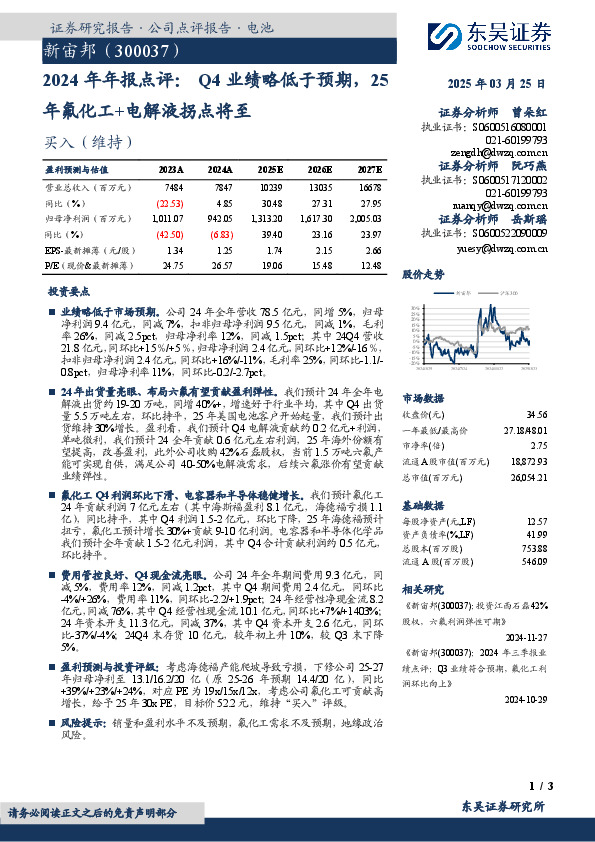 2024年年报点评：Q4业绩略低于预期，25年氟化工+电解液拐点将至