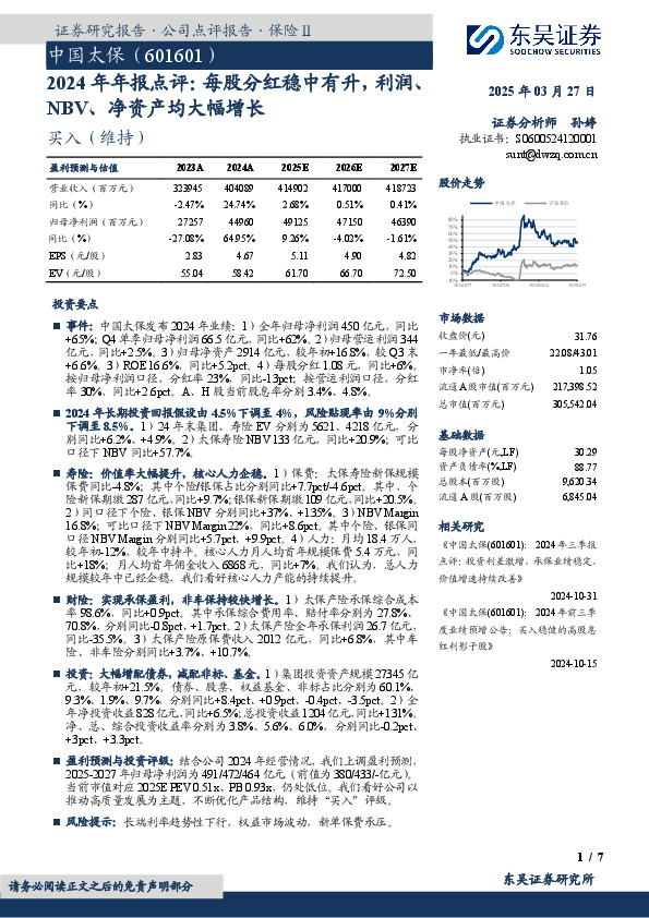 2024年年报点评：每股分红稳中有升，利润、NBV、净资产均大幅增长