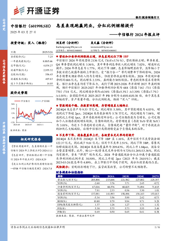 中信银行2024年报点评：息差表现跑赢同业，分红比例继续提升