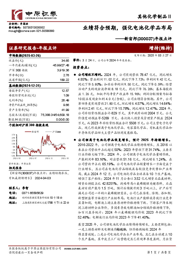 年报点评：业绩符合预期，强化电池化学品布局