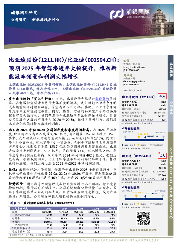 预期2025年智驾渗透率大幅提升，推动新能源车销量和利润大幅增长