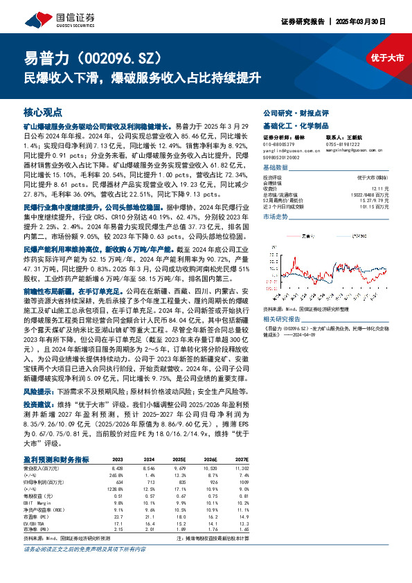 民爆收入下滑，爆破服务收入占比持续提升