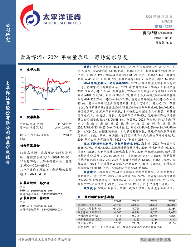 青岛啤酒：2024年销量承压，静待需求修复