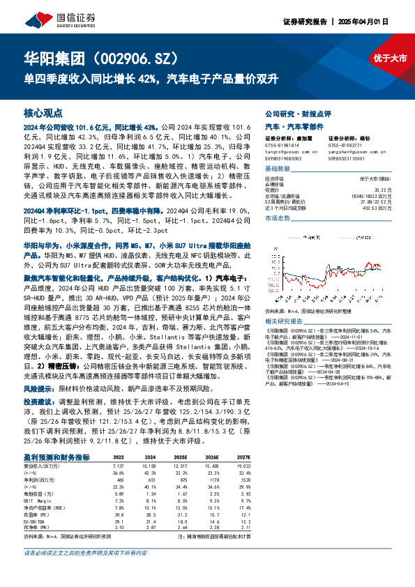 单四季度收入同比增长42%，汽车电子产品量价双升
