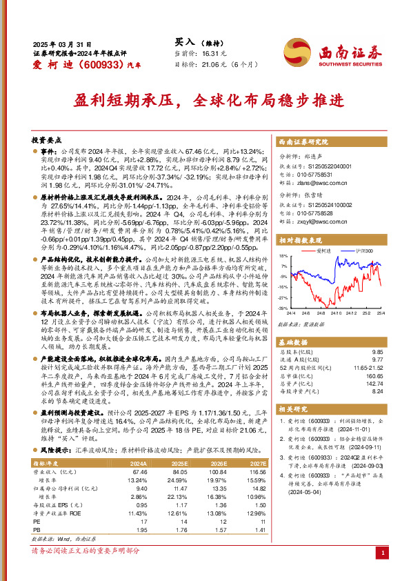 盈利短期承压，全球化布局稳步推进