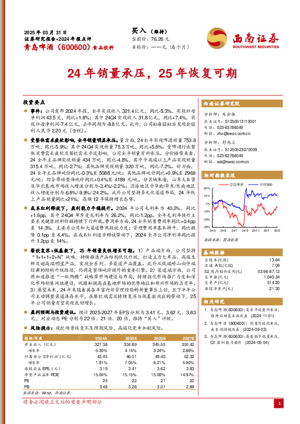 2024年报点评：24年销量承压，25年恢复可期