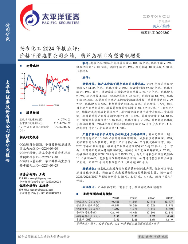 扬农化工2024年报点评：价格下滑拖累公司业绩，葫芦岛项目有望贡献增量