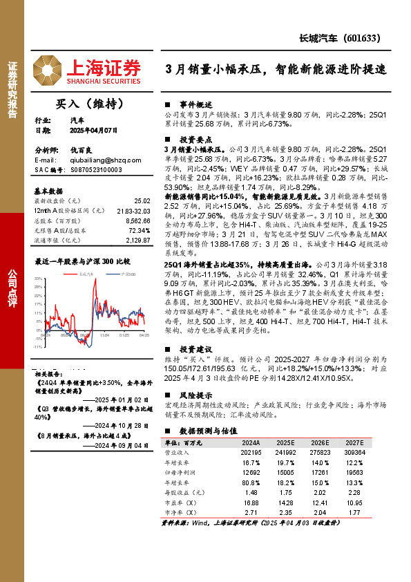 3月销量小幅承压，智能新能源进阶提速
