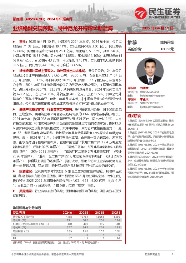 2024年年报点评：业绩稳健兑现预期，特种尼龙开辟增长新蓝海