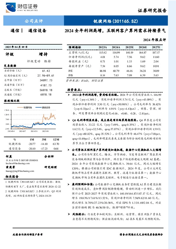 2024全年利润高增，互联网客户算网需求持续景气2024年报点评