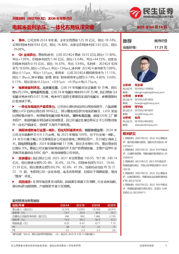 2024年年报点评：电解液盈利承压，一体化布局纵深突破