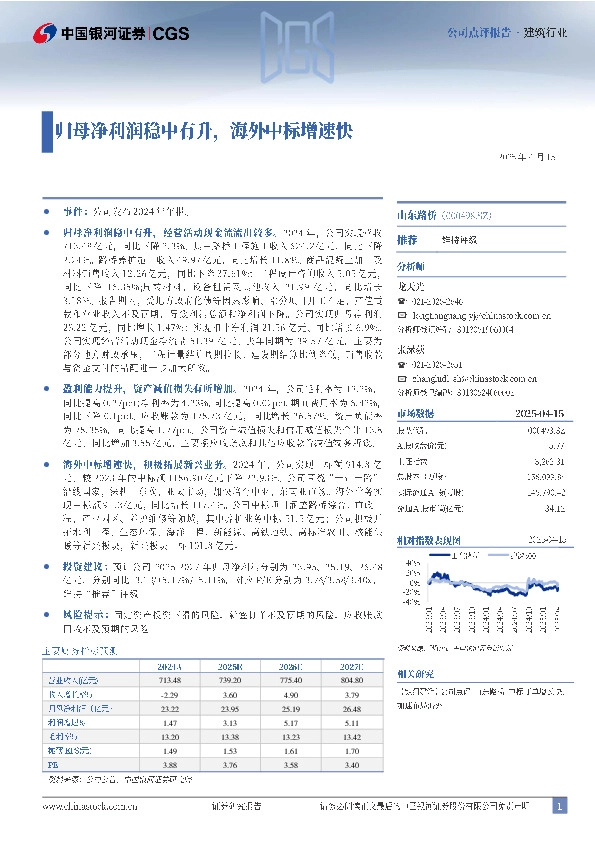 归母净利润稳中有升，海外中标增速快