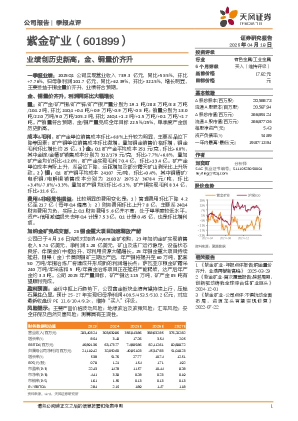 业绩创历史新高，金、铜量价齐升