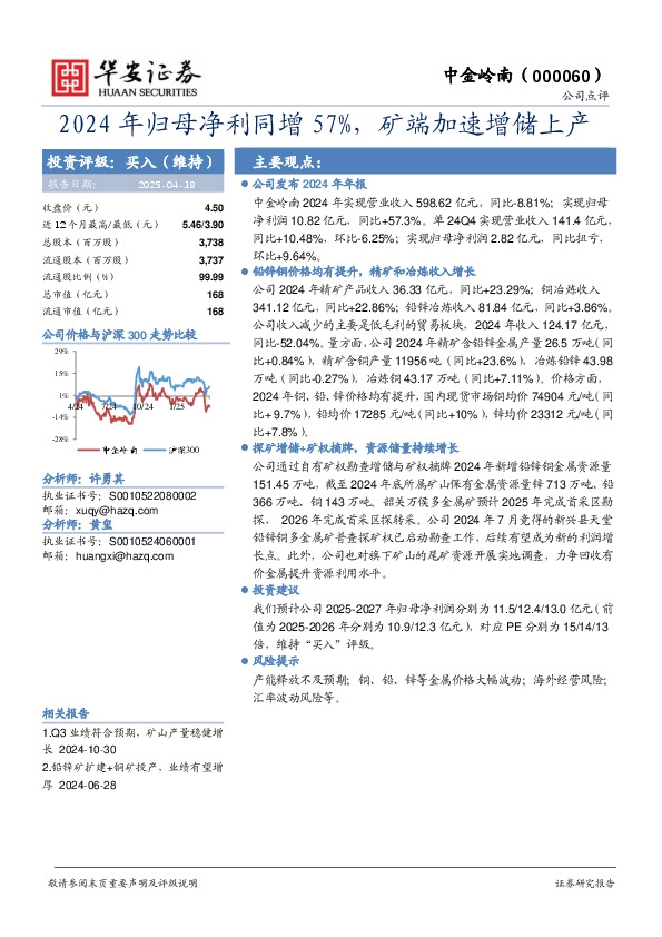 2024年归母净利同增57%，矿端加速增储上产