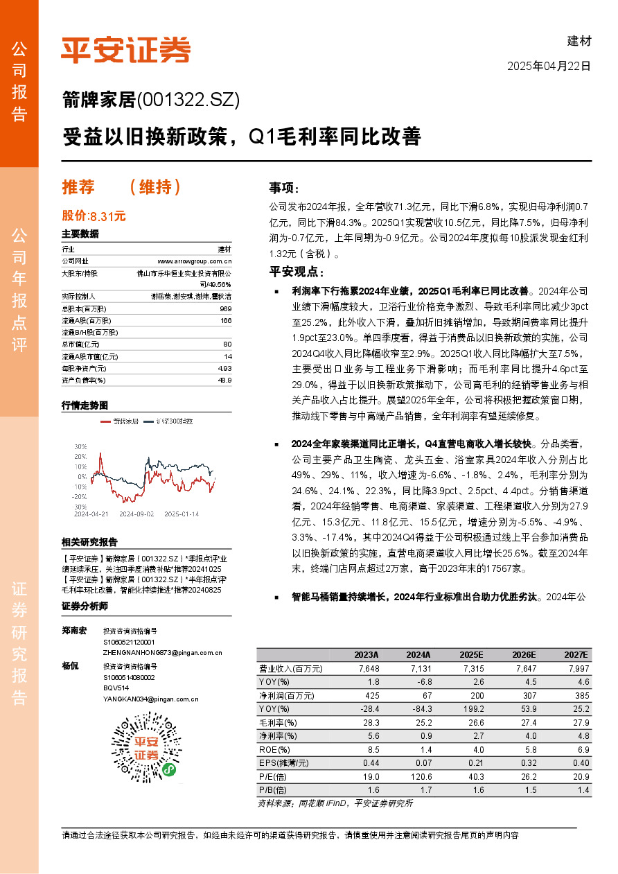 受益以旧换新政策，Q1毛利率同比改善