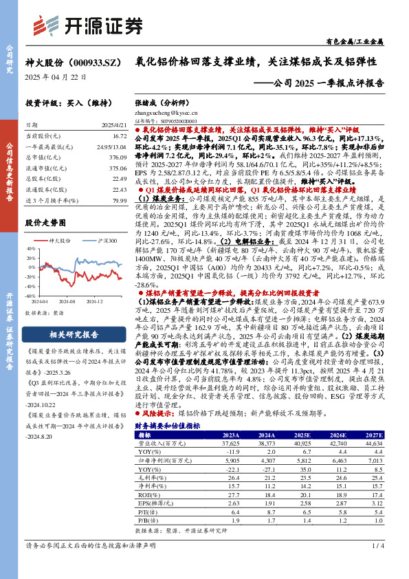 公司2025一季报点评报告：氧化铝价格回落支撑业绩，关注煤铝成长及铝弹性