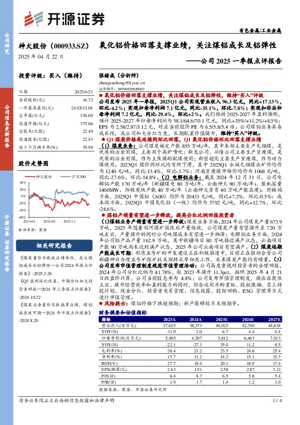 公司2025一季报点评报告：氧化铝价格回落支撑业绩，关注煤铝成长及铝弹性